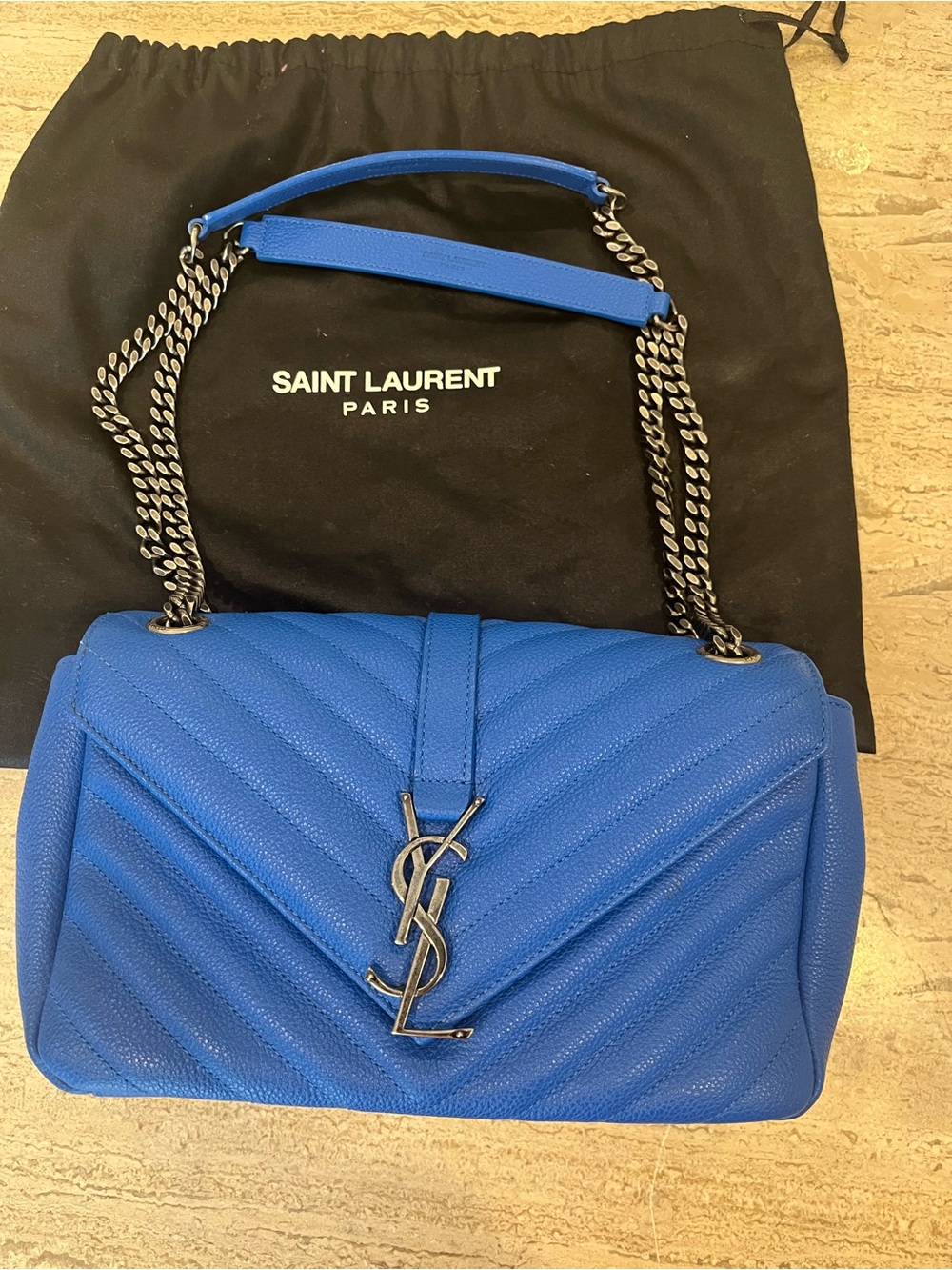 Saint Laurent Royal Blue Quilted Leather Shoulder Bag with Silver Hardware